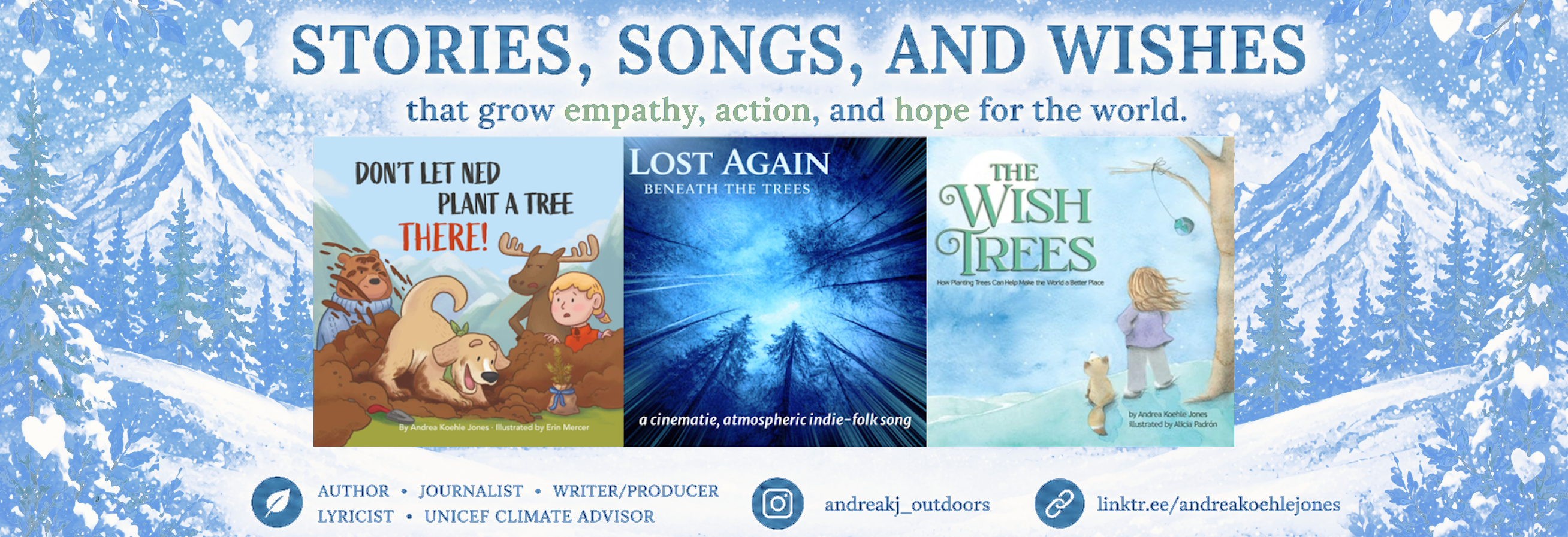 Andrea Koehle Jones: author, lyricist, climate journalist, writer/producer, screenwriter, photographer/videographer, children's environmental education advocate