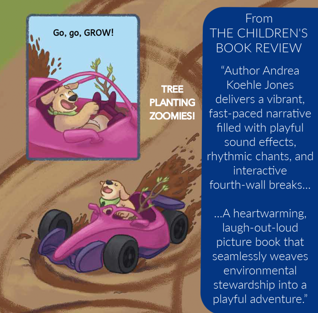 Don't Let Ned Plant a Tree THERE! book review graphic featuring Ned the puppy driving a pink race car through mud, with praise from The Children's Book Review