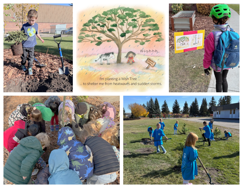 Collage showing The Wish Trees book illustration, a Calgary student exploring an outdoor StoryWalk and children planting trees at Prince of Wales School.