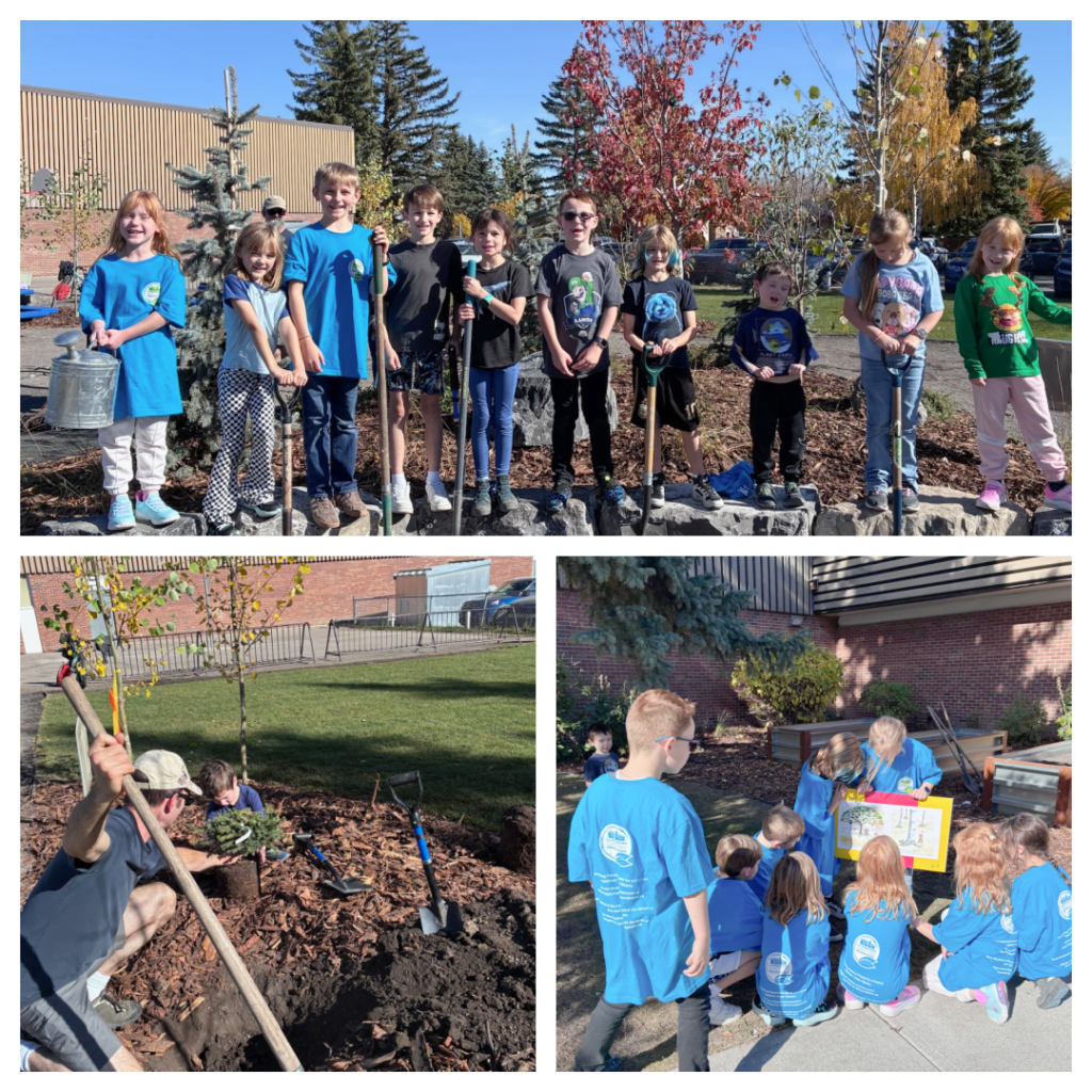 Collage of Prince of Wales School students in Calgary posing with gardening tools, planting a young tree and gathering around an outdoor StoryWalk display featuring The Wish Trees.