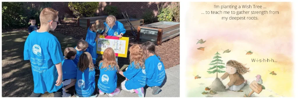 Calgary students gather around an outdoor StoryWalk display beside an illustration of Emma planting her Courage Tree from The Wish Trees.