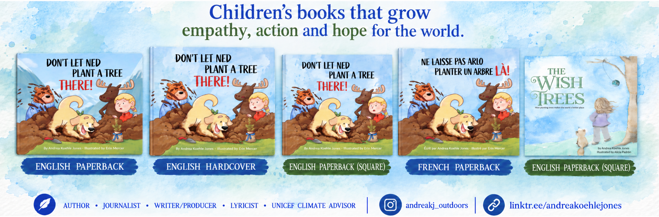 Andrea Koehle Jones: author, lyricist, climate journalist, writer/producer, screenwriter, photographer/videographer, children's environmental education advocate